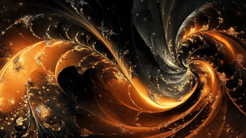Golden cosmic swirls dance in a deep abstract night sky