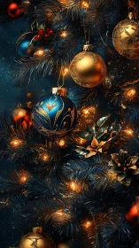 Christmas tree ornaments with golden lights glow.