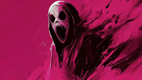 Hooded spectral skull scream on magenta abstract smear field.