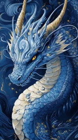 Coiled cerulean dragon with gilded scales and intricate flowing mane