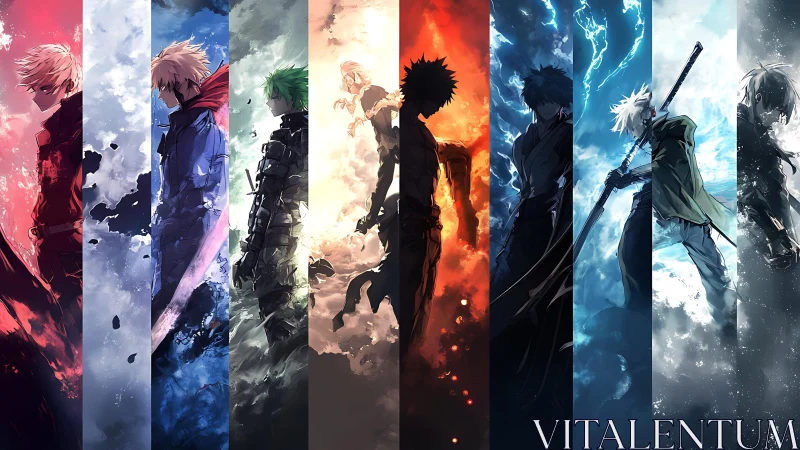 Elemental anime warriors aligned in vertical color panels.