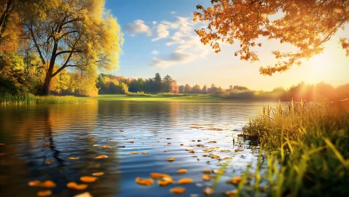 Sunlit autumn lake where drifting leaves sketch quiet dreams.