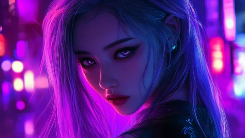 Neon lit digital portrait shows stylized woman in profile