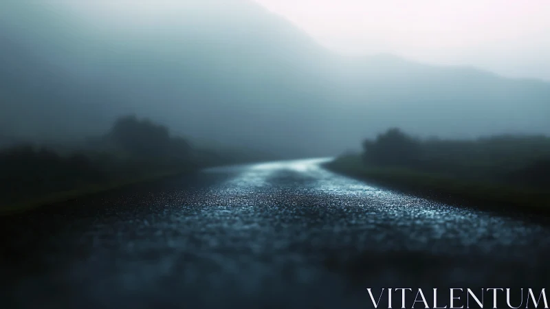 Glistening wet road curves gently into soft morning fog
