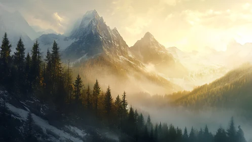 Sunlit alpine peaks emerge above misty evergreen forest.