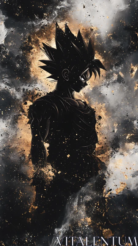 Silhouetted spiky-haired warrior in gilded cosmic dust field