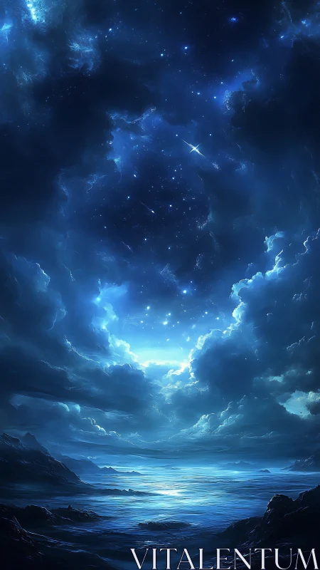 Starlit ocean horizon opens beneath a luminous cosmic sky