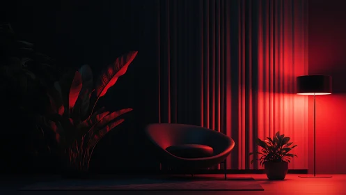 Red side-lit modern lounge with foliage and deep contrast mapping.