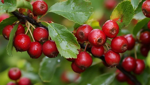 Glowing red berries clustered on fresh green garden branches.