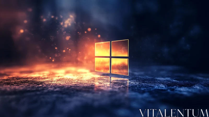 Glowing window logo in abstract blue and orange space.