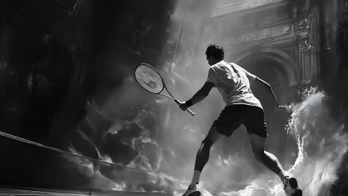 Monochrome tennis athlete in dynamic water-splash chiaroscuro.