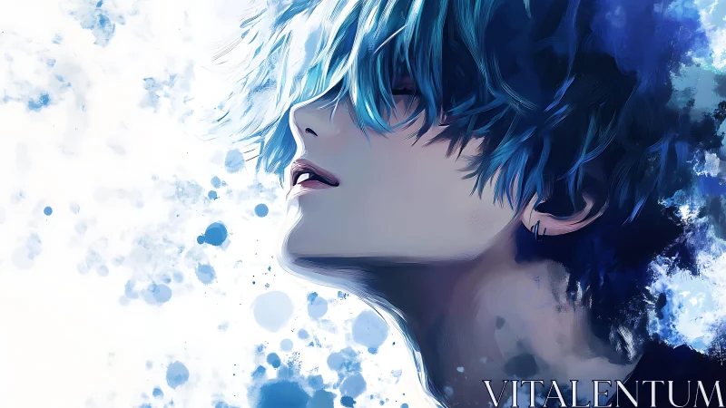 Side-profile anime portrait merges fluid splatter abstraction