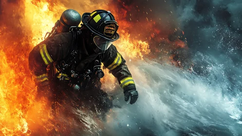 Firefighter Battles Inferno with Water and Courage.