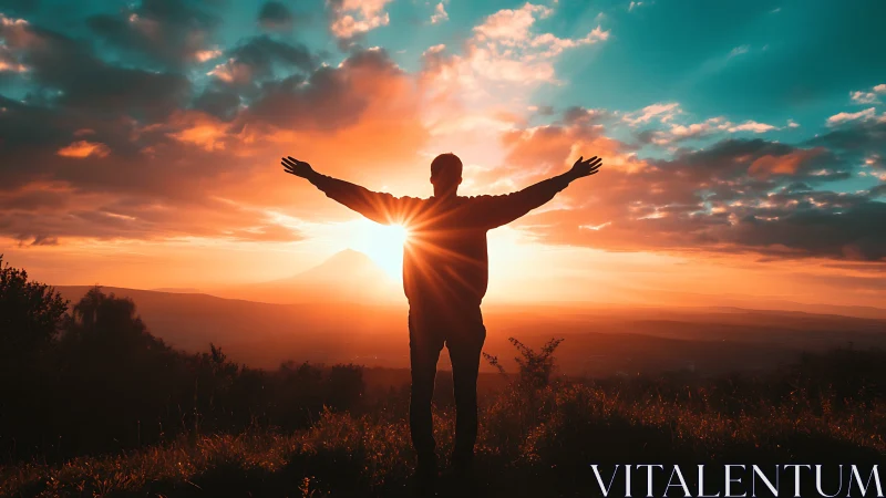 Backlit human silhouette intercepting solar flare horizon glow.