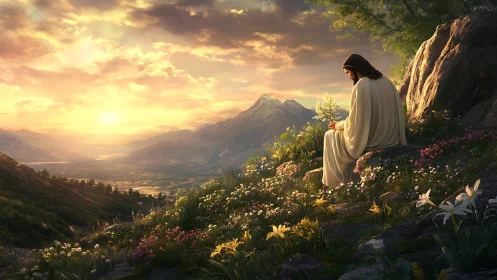 Gentle robed figure rests in quiet prayer above a glowing valley