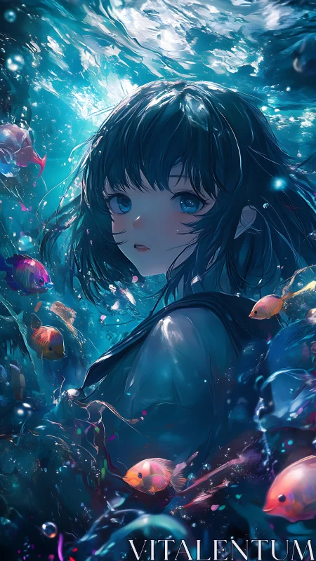 Quiet girl drifting in a glowing, dreamlike underwater world.