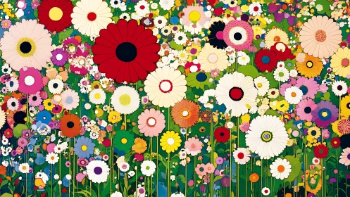Dense digital field of stylized multicolored daisy flowers.