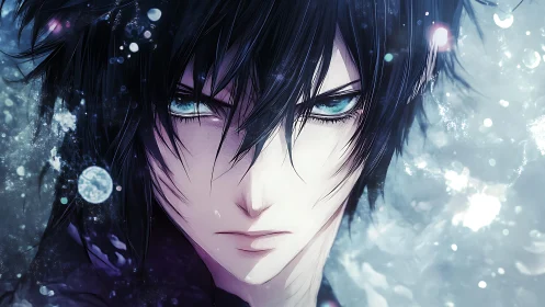 Intense blue eyed anime male in icy abstract scene.