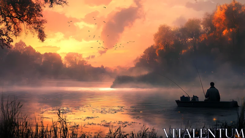 Solitary angler sits in small boat on misty lake at sunrise