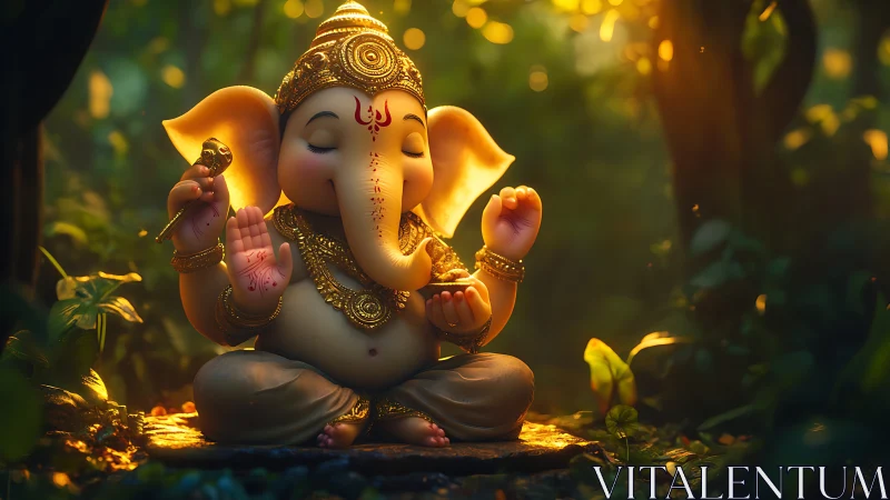 Luminous chibi Ganesha idol with volumetric forest backlighting.