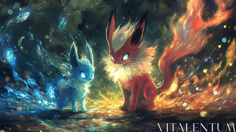 Bipolar elemental fox creatures rendered in high-energy brushwork