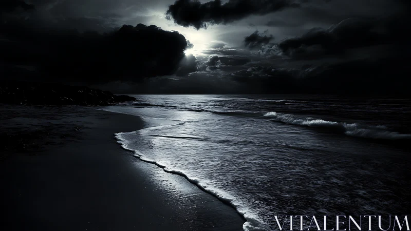 Moonlit storm clouds sweep over a dark, reflective shore.