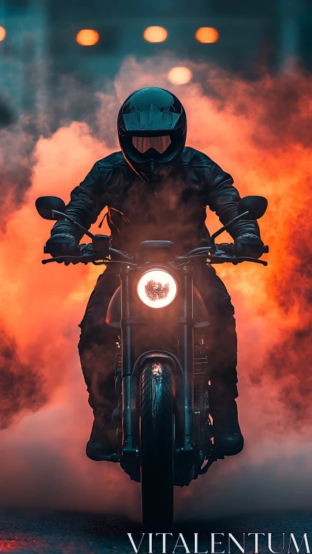 Motorcyclist rides through dense orange smoke at night.