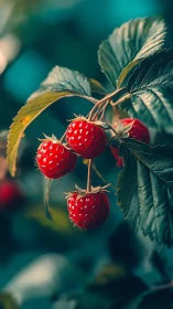 Ripe red raspberries hanging on branch in soft teal bokeh.