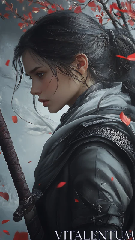 Digital painting of stoic female warrior in muted palette.