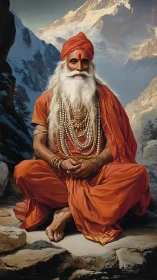 Seated elder in orange robes is positioned before snowy peaks
