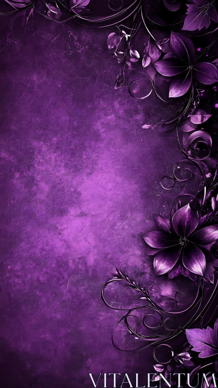 Purple Floral Digital Composite with Ornate Flourishes and Texture Overlay