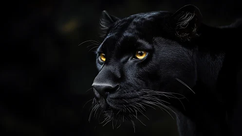 Black Panther with Golden Eyes Against Dark Background.