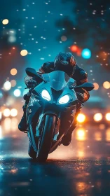 Motorcyclist rides sport bike through wet city street at night