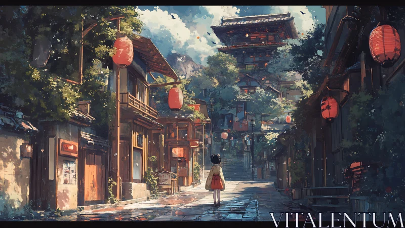 Child in lantern-lit alley approaches distant temple gate at dusk