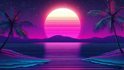Neon gradient sunset over stylized tropical bay with symmetric palms