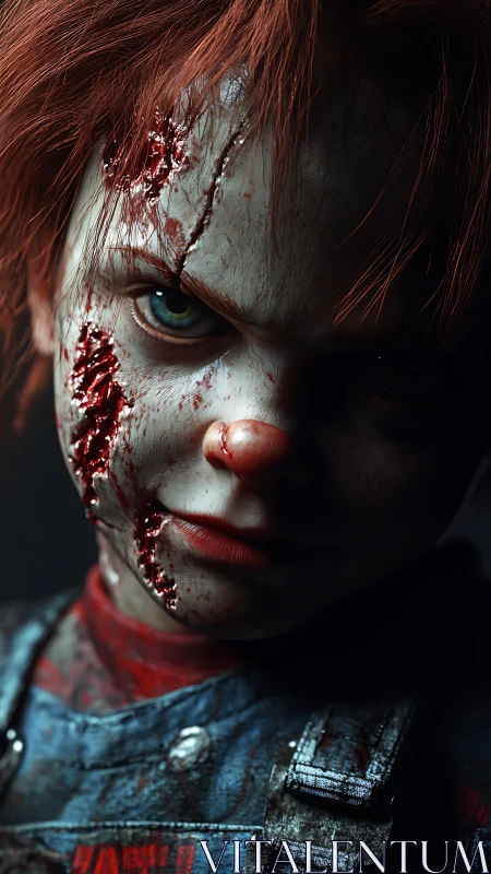 Bloodied doll portrait under chilling cinematic light.