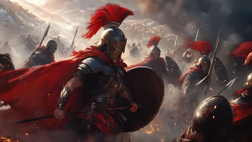 Fierce red-caped warriors surge forward through smoky battle