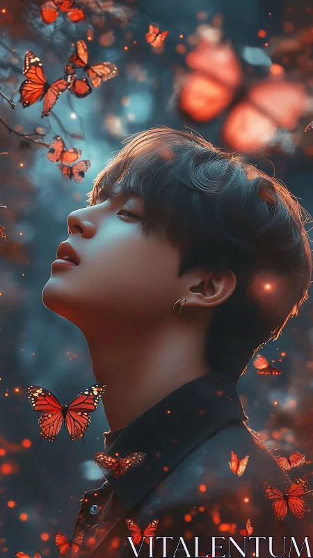 Young dreamer stands in glowing swarm of ethereal butterflies