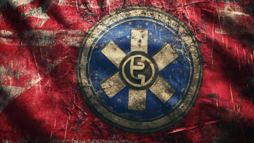 Weathered circular emblem over distressed red fabric