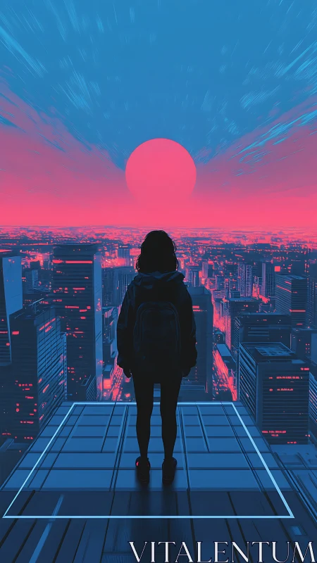 Lone rooftop figure faces neon city under synthetic sun.