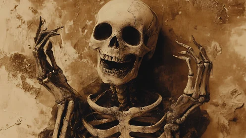 Human skeleton figure posed against textured plaster wall.