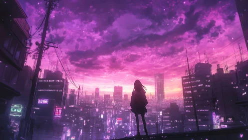 Silhouetted girl contemplates a neon city beneath violet skies