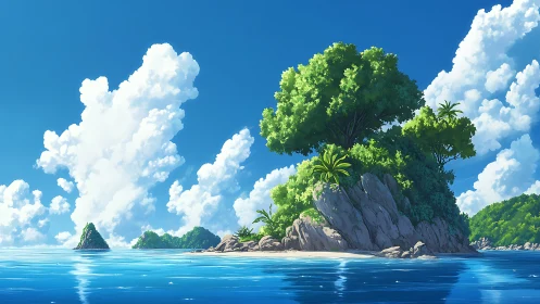 Tropical island with towering rock formation rising from clear blue ocean