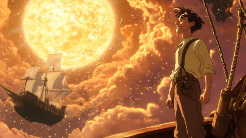 Young dreamer gazes at golden sun above a sky-sailing ship