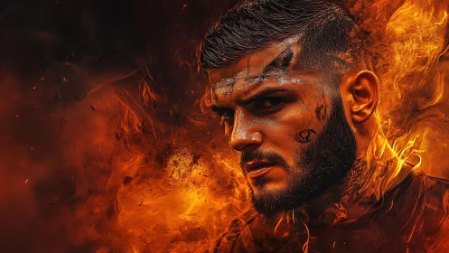 Intense warrior portrait emerges from swirling fiery flames.