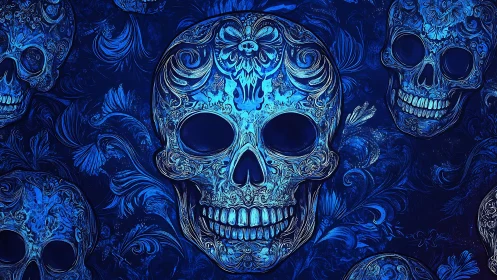 Intricate blue ornamental skulls with high-contrast floral engravings