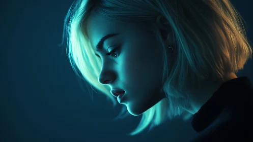 Electric dusk cradles a quiet profile in teal and gold light