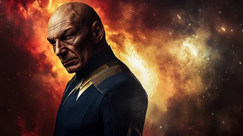 Stern bald officer against vivid cosmic nebula backdrop.