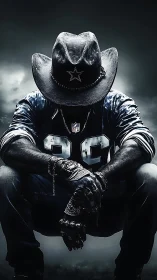 Cowboy hat figure in football jersey under dramatic lighting.
