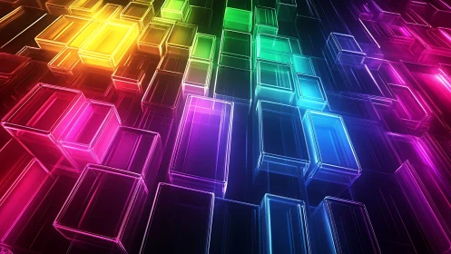 Neon glasslike rectangular blocks form layered glowing grid